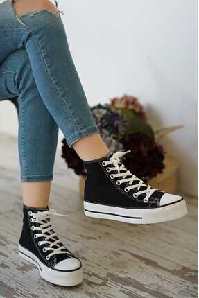 E SPORT Siyah Canvas Platform Kadın Günlük Ayakkabı-035
