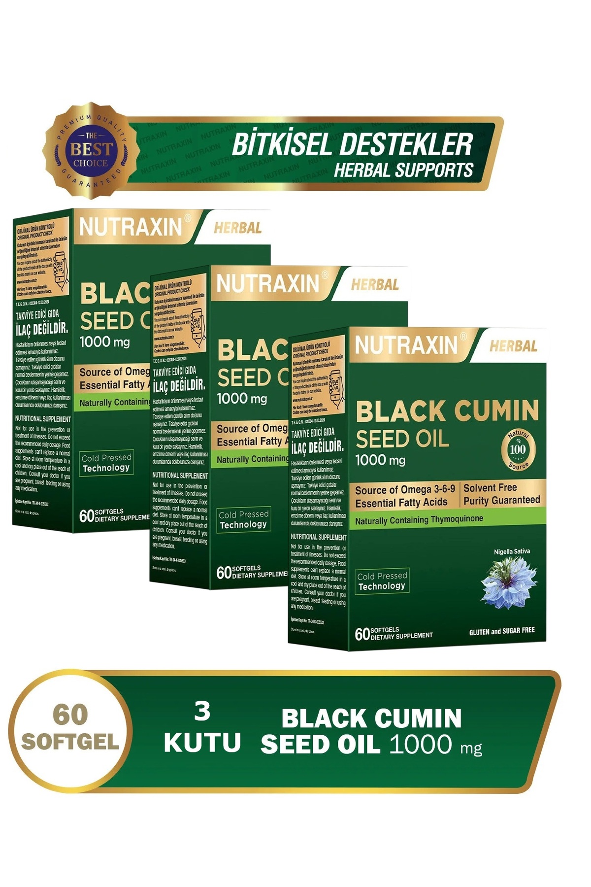 Nutraxin Black Cumin Seed Oil, Çörek Otu Yağı 3X60 Softjel Soğuk
