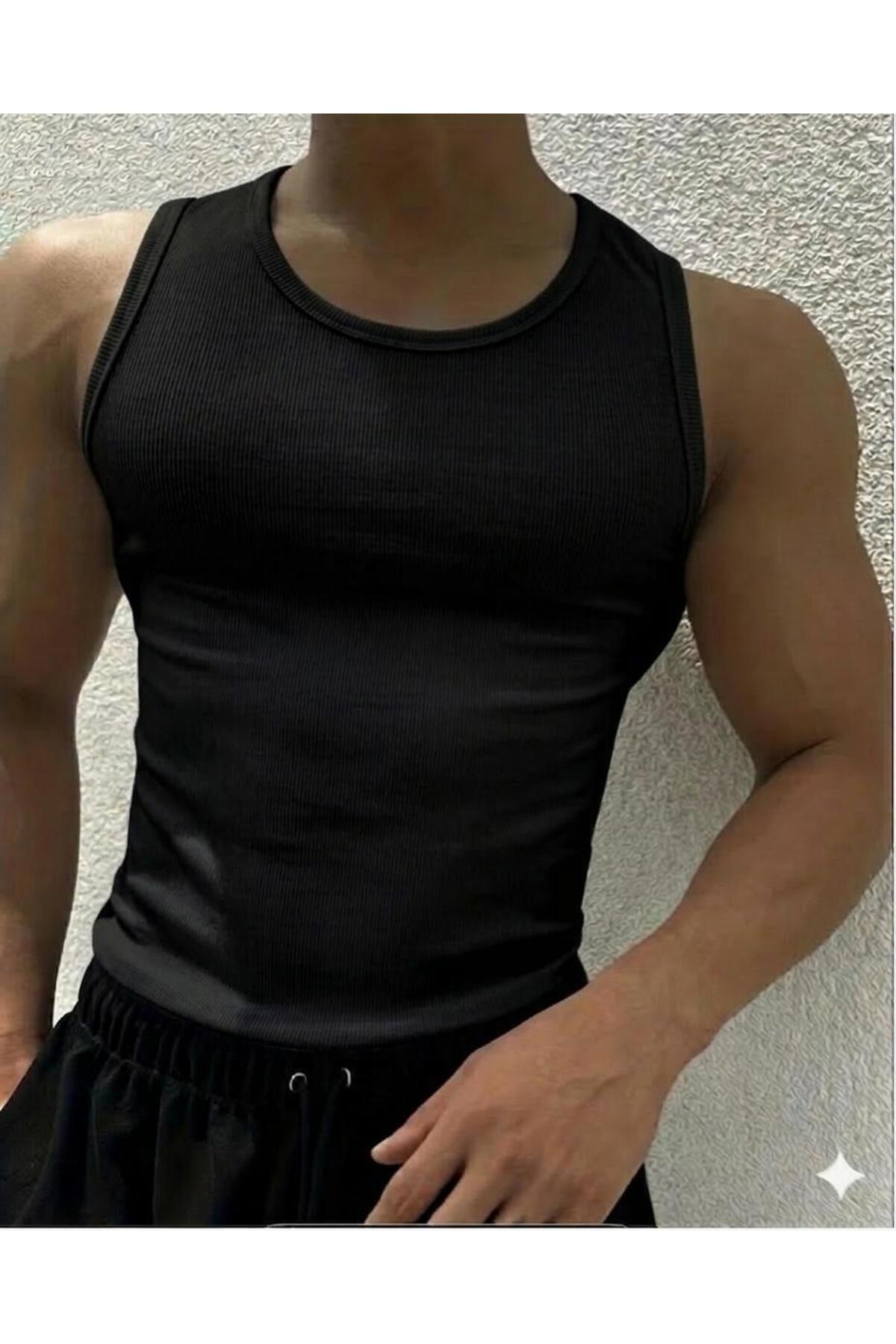 Livik Erkek Halter Yaka Slimfit Fitilli Sporcu Likralı Atlet Siyah ve Beyaz İkili Avantajlı Paket görsel 2