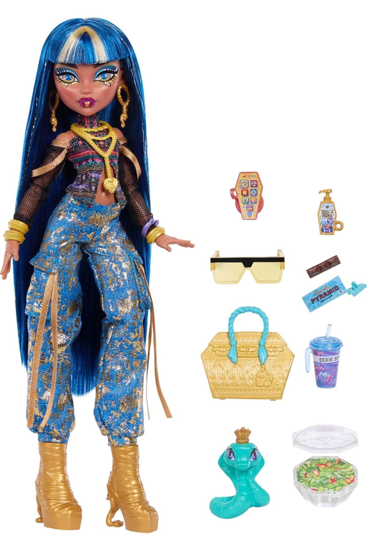 MONSTER HIGH Cleo De Nile Bebek, Altın Kot Kargo Pantolonu ve aksesuarları JHK32 fotoğrafı 3 (önizleme)