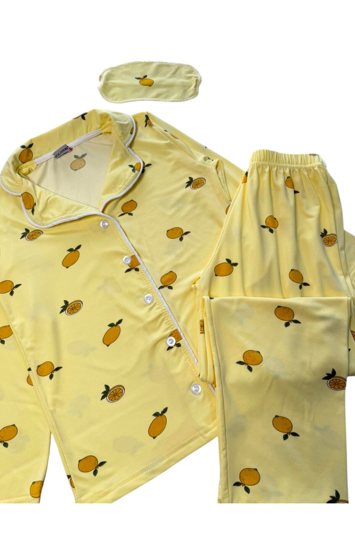 Fil Kids Kız Çocuk Pamuklu Merserize Kumaş Sarı Limon Desenli Gömlek Yaka Düğmeli Uyku Bantlı Pijama Takımı fotoğrafı 3 (önizleme)