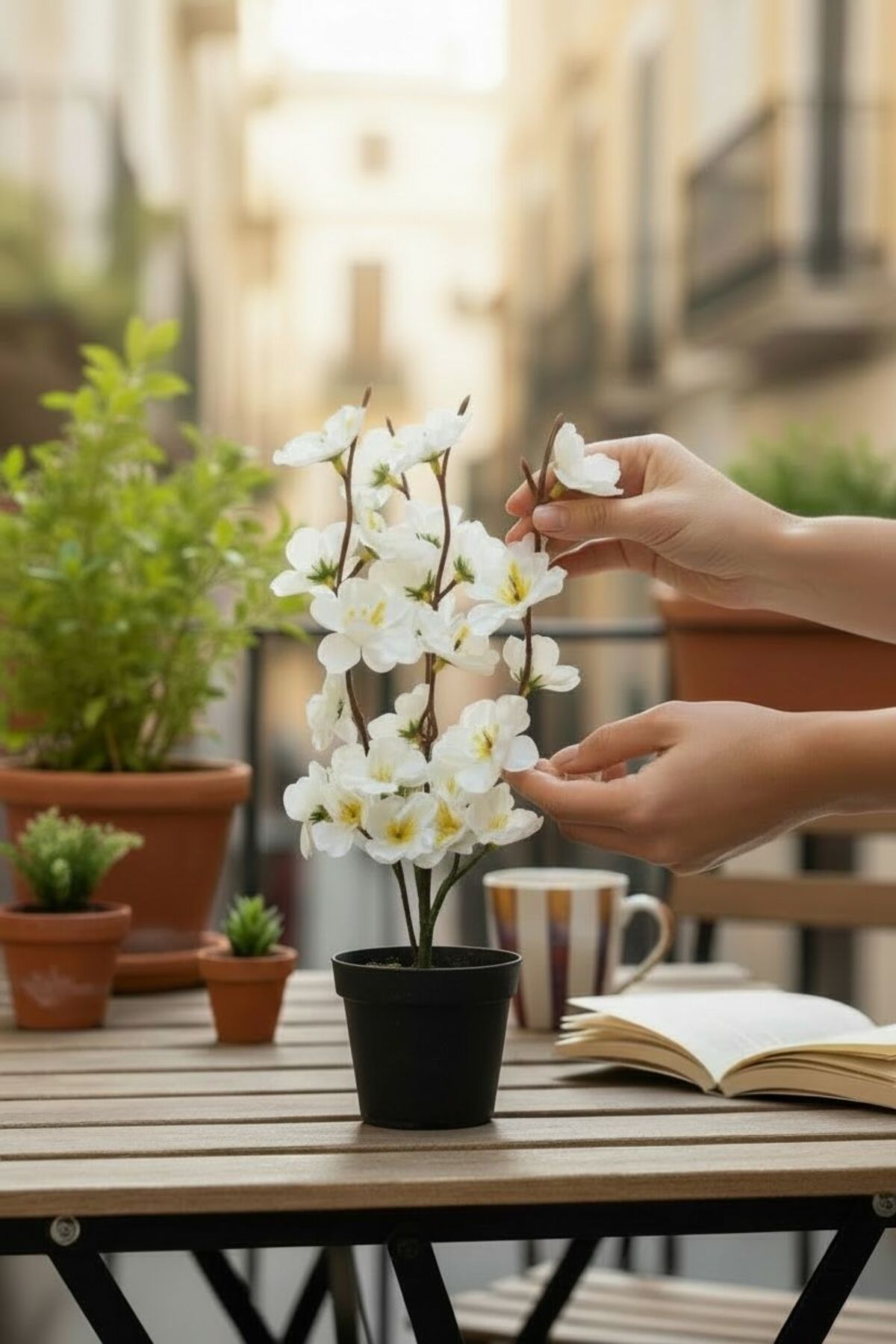Siyah Saksılı Beyaz Bahar Dalı | Dekoratif Yapay Çiçek Masa ve Salon Süsü