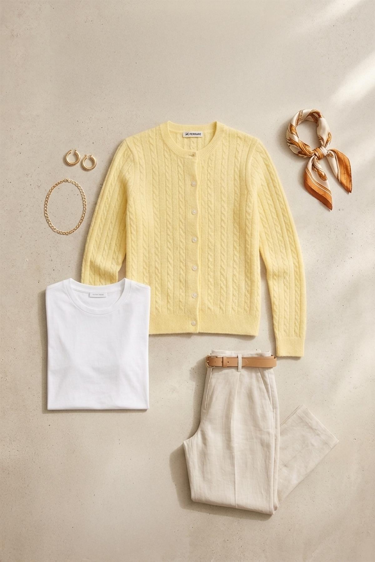 Ferraro  Sarı Pamuk Karışımlı Mevsimlik Kadın Triko Hırka - Görsel 4