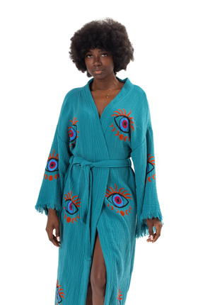 Denizli Kimono %100 Organik Pamuk Ay Göz Desen Baskılı Muslin Kimono Kaftan, ...