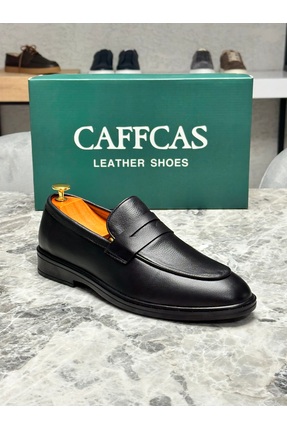 Caffcas Hakiki Deri Siyah El Yapımı Bağcıksız Klasik Erkek Ayakkabı Como