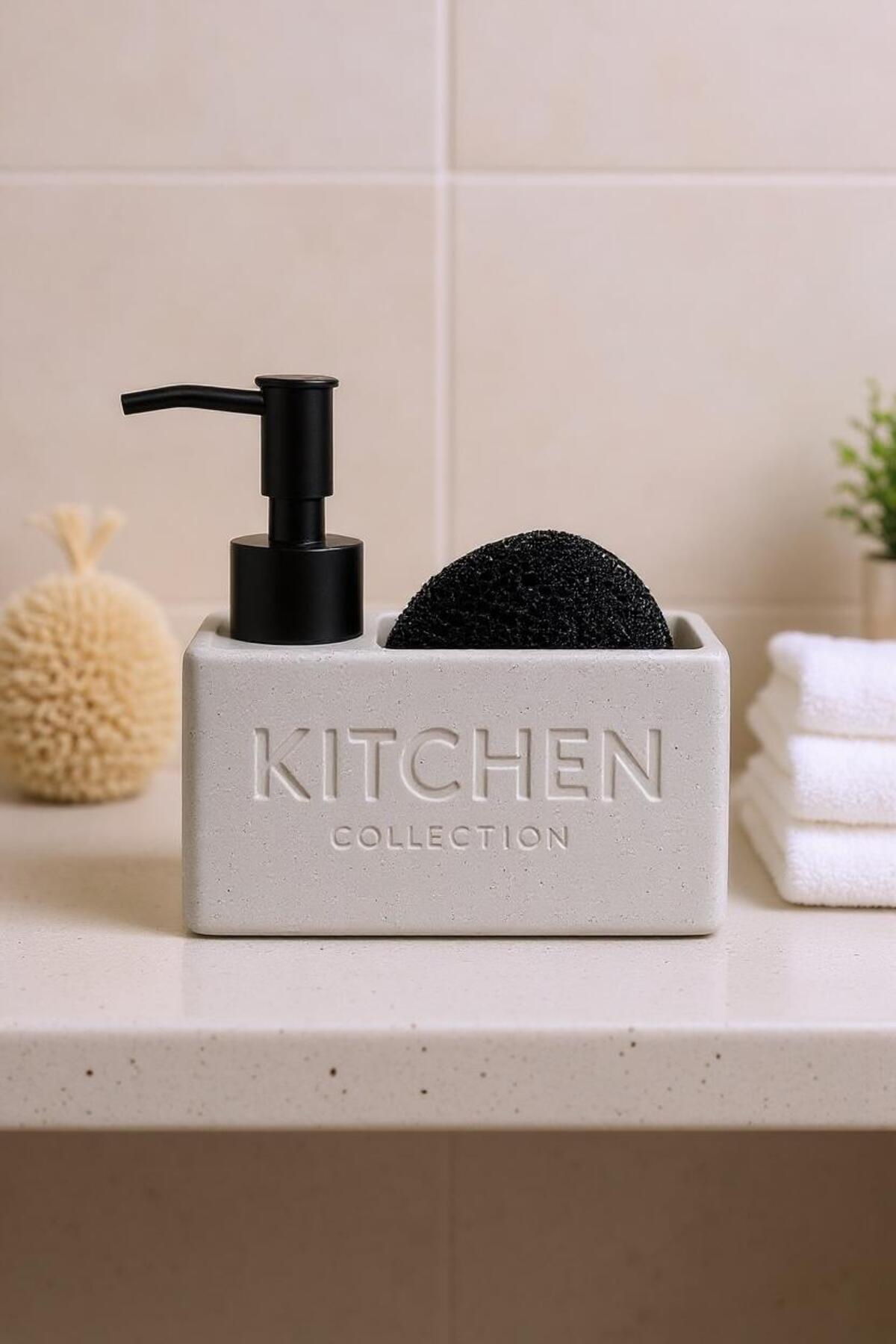 Kitchen Yazılı Beyaz Süngerlikli Sıvı Sabunluk | Mutfak Sabunluk ve Süngerlik Tezgah Düzenleyici