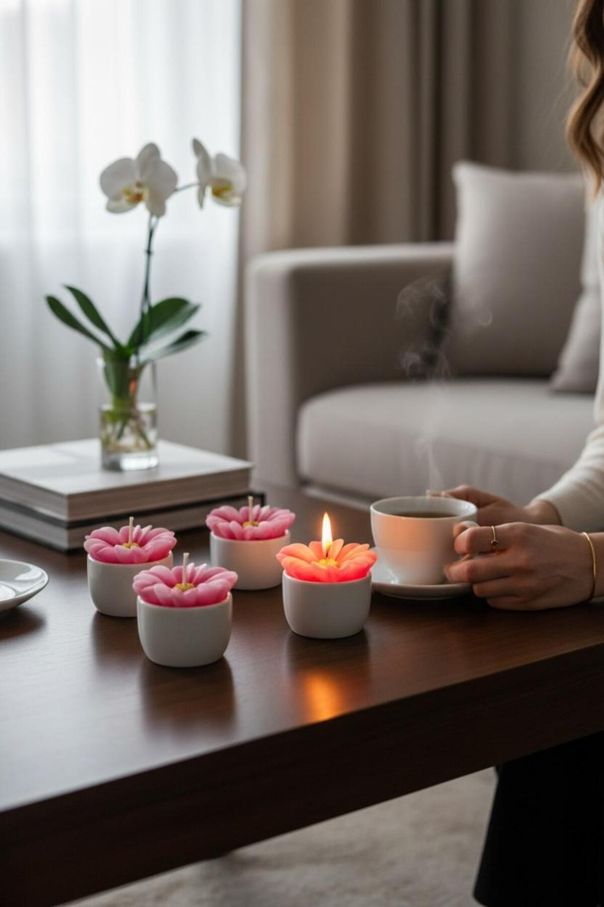 4’lü Mor Çiçek Mum Seti | Dekoratif Kokteyl ve Masa Süsleme Mumu