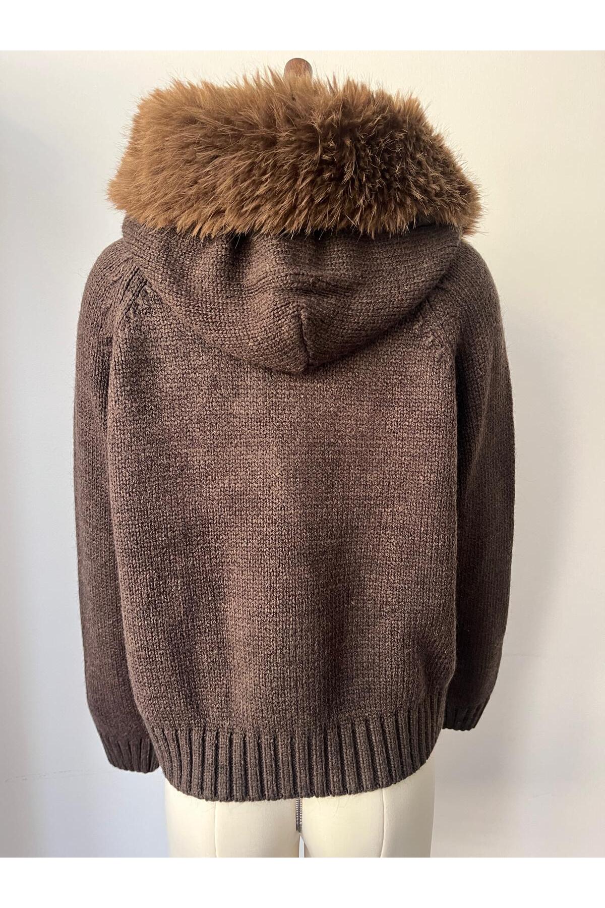 Sea Style  Kürklü Kapüşonlu Fermuarlı Kahverengi Triko Hırka - Görsel 5