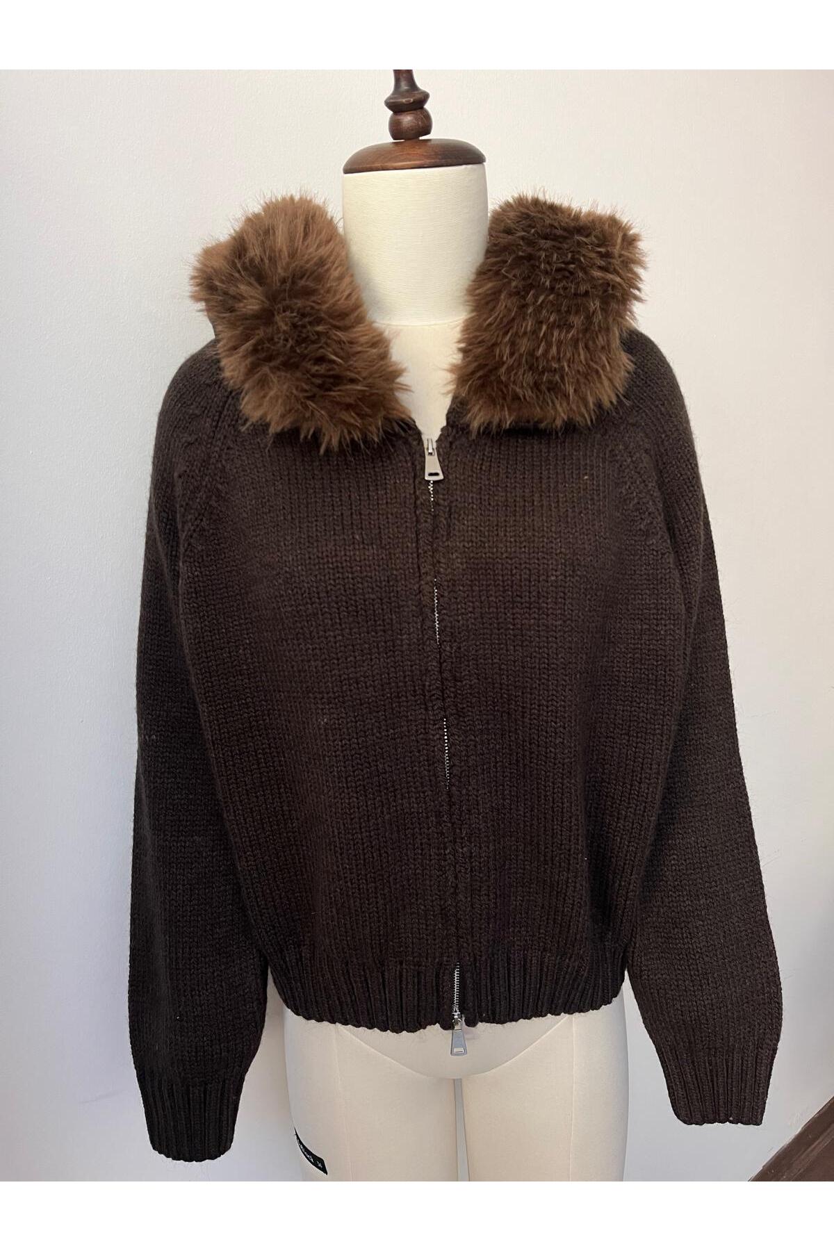 Sea Style  Kürklü Kapüşonlu Fermuarlı Kahverengi Triko Hırka - Görsel 4