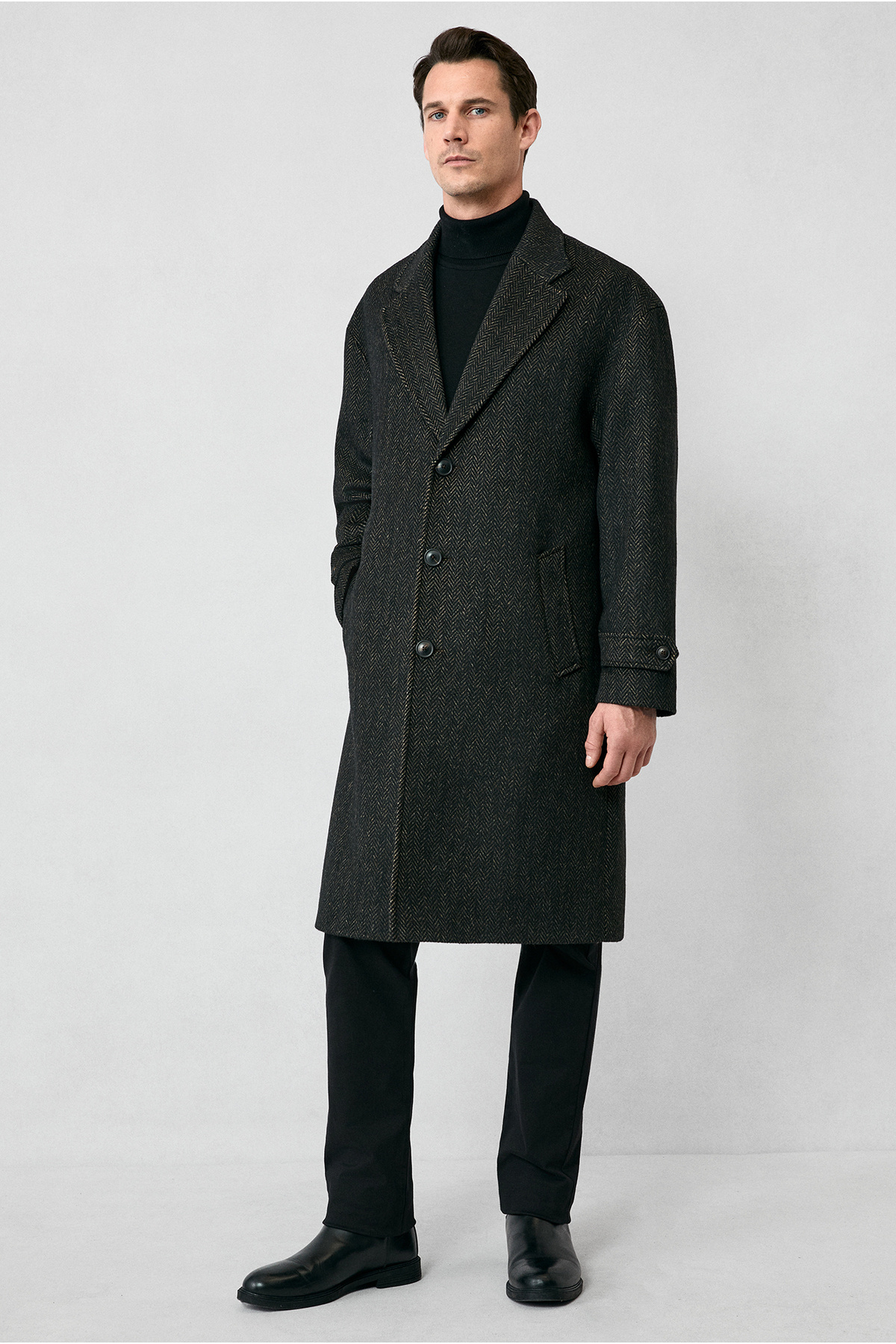 Kiğılı  Oversize Ekstra Rahat Kesim Apoletli Cepli Desenli Yünlü Palto - Görsel 3