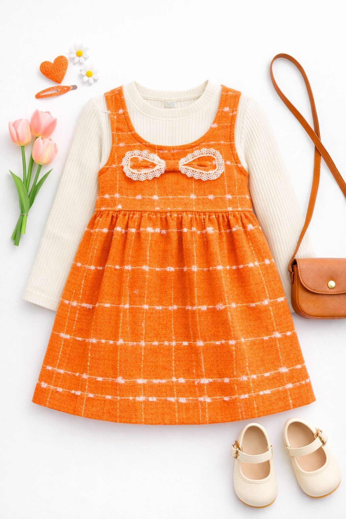 Kuzucuk Kids Bebek Çocuk Butik Kız Çocuk Tüvit Jile Elbise Bluzlu Takım Turuncu Şık fotoğrafı 3 (önizleme)