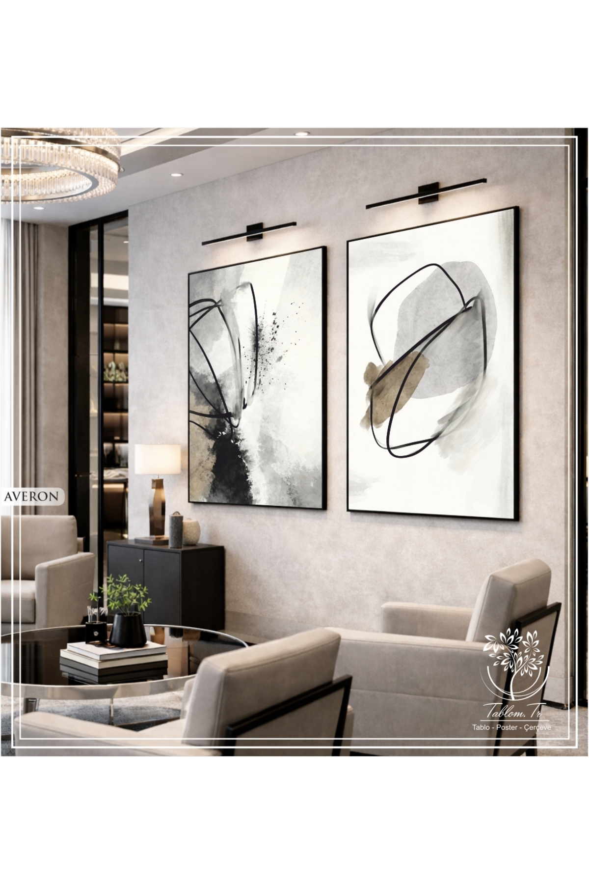 Averon - 2-Piece Decorative Painting with Digital Printed Black Metal Frame and Real Glass