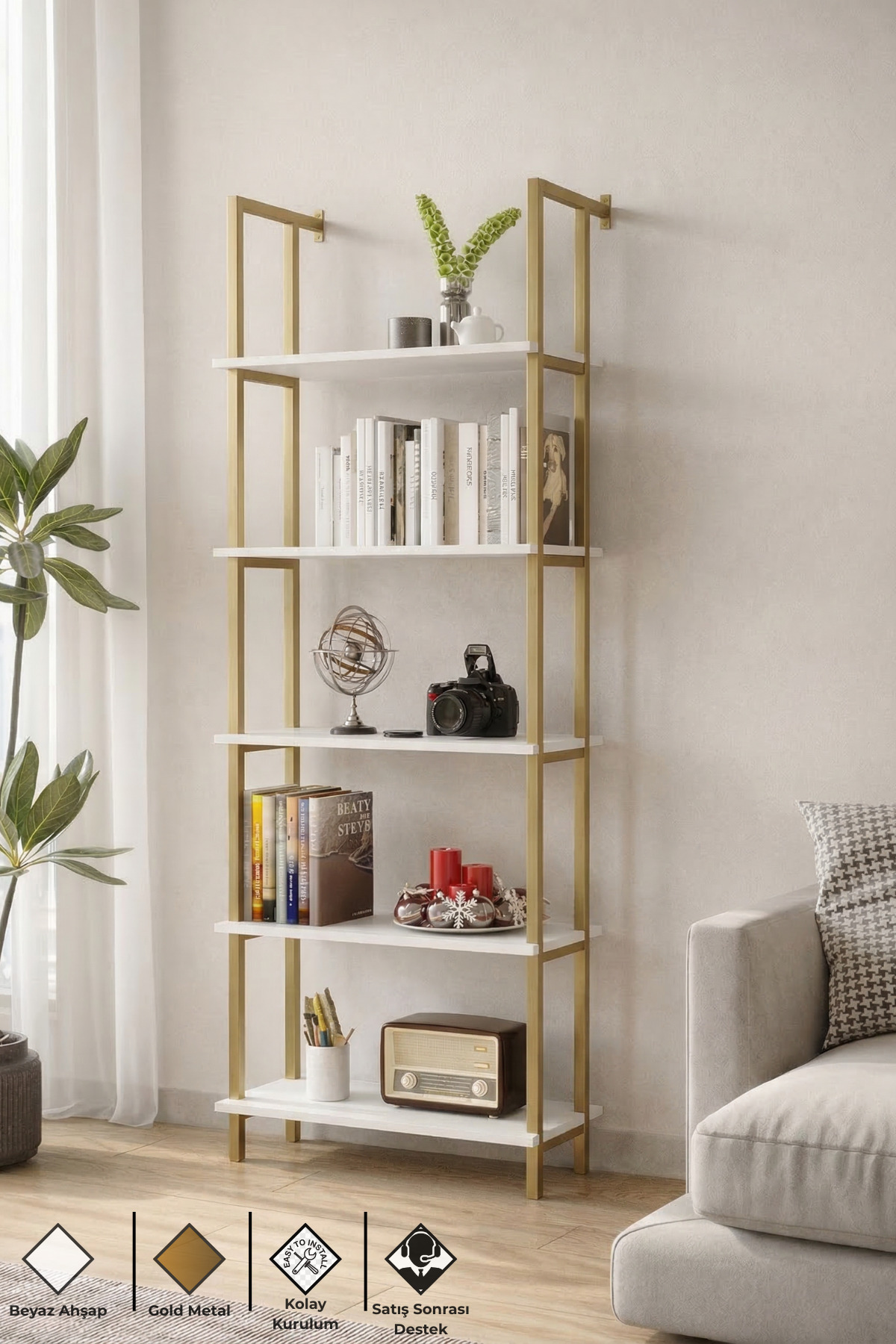 Decorative Shelf Unit, 5-Tier Bookcase, Wall-mounted Shelf, Gold Metal Frame, White Wood