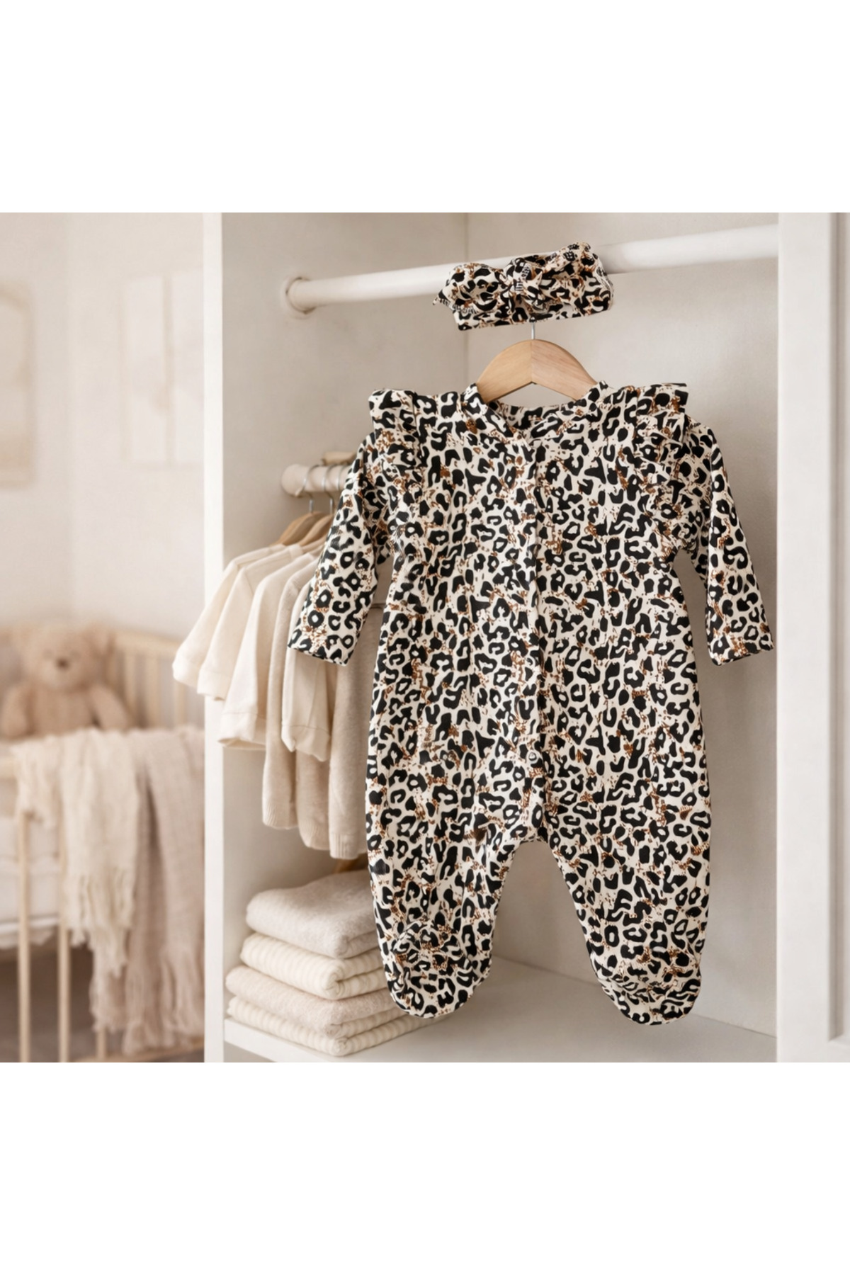 OMY %100 PAMUK 3-6-9 AY BANDANALI OMZU FIRFIRLI LEOPAR DESENLİ TULUM TAKIM 2'Lİ SET BEBEK&ÇOCUK TAKIM fotoğrafı 5 (önizleme)