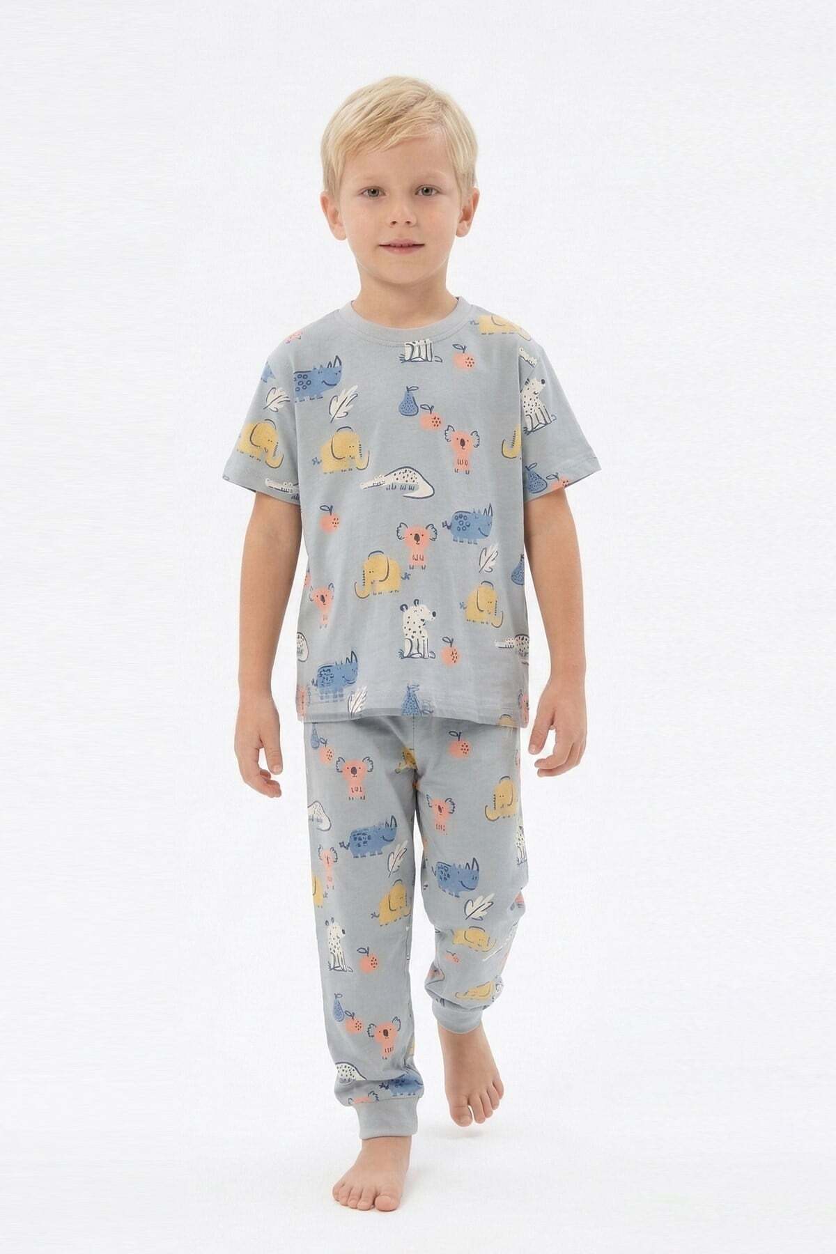 bunny hopp Erkek Çocuk %100 Pamuk Süprem Pijama Takımı - Kısa Kollu Manşetli Yazlık Pijama - Gri Hayvan Desenli fotoğrafı 3 (önizleme)