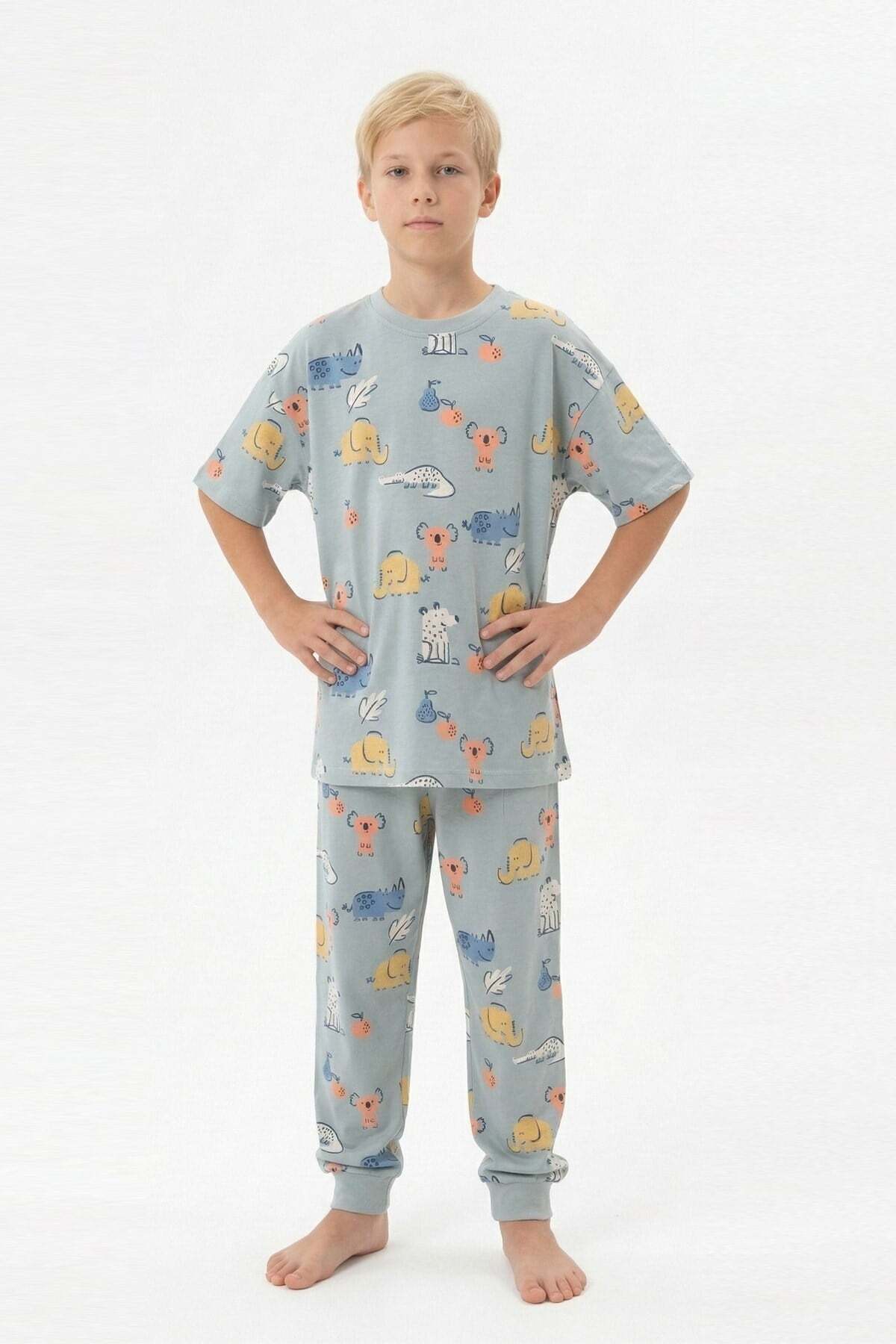 bunny hopp Erkek Çocuk %100 Pamuk Süprem Pijama Takımı - Kısa Kollu Manşetli Yazlık Pijama - Gri Hayvan Desenli fotoğrafı 6 (önizleme)