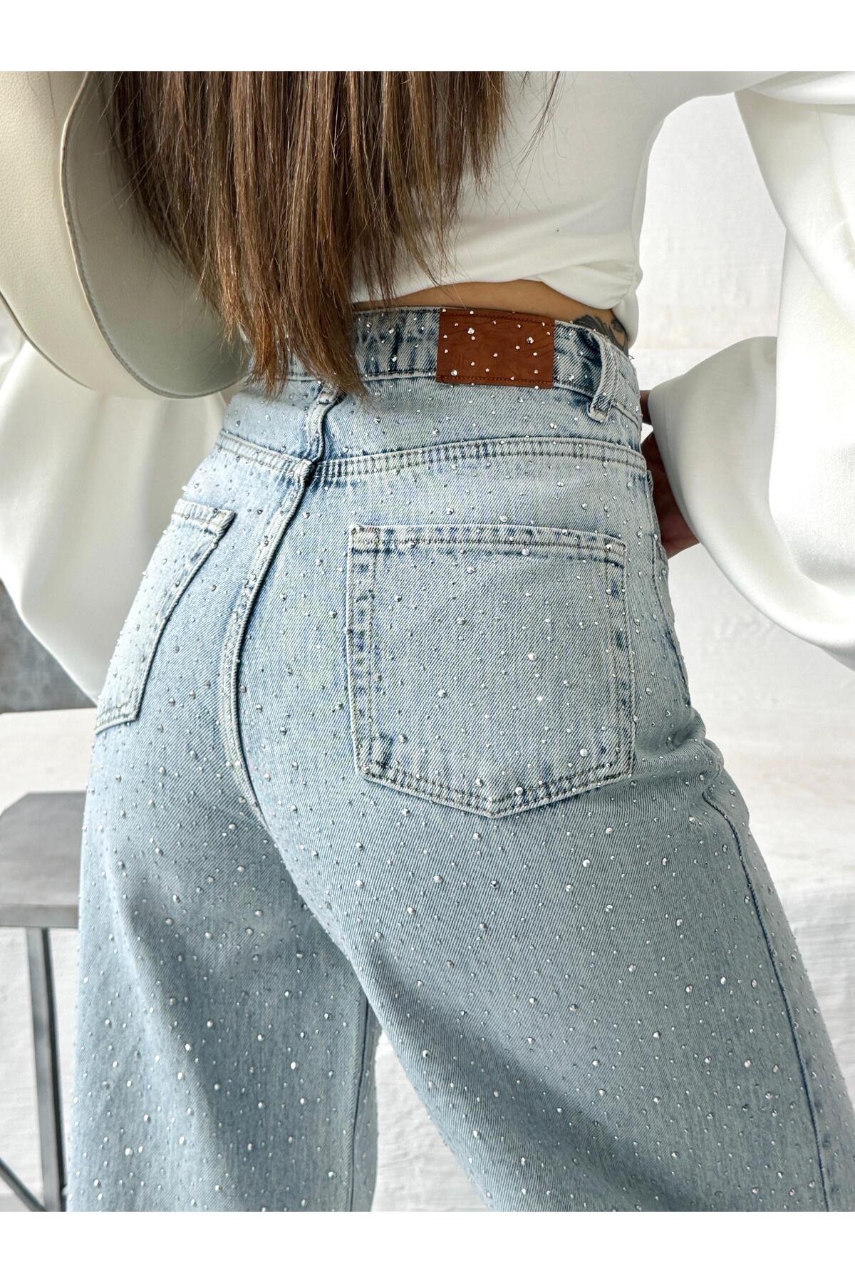 Vooz  Kadın Taşlı Baggy Jean Yüksek Bel Bol Paça Pantolon Açık Mavi Ön Arka Taşlı