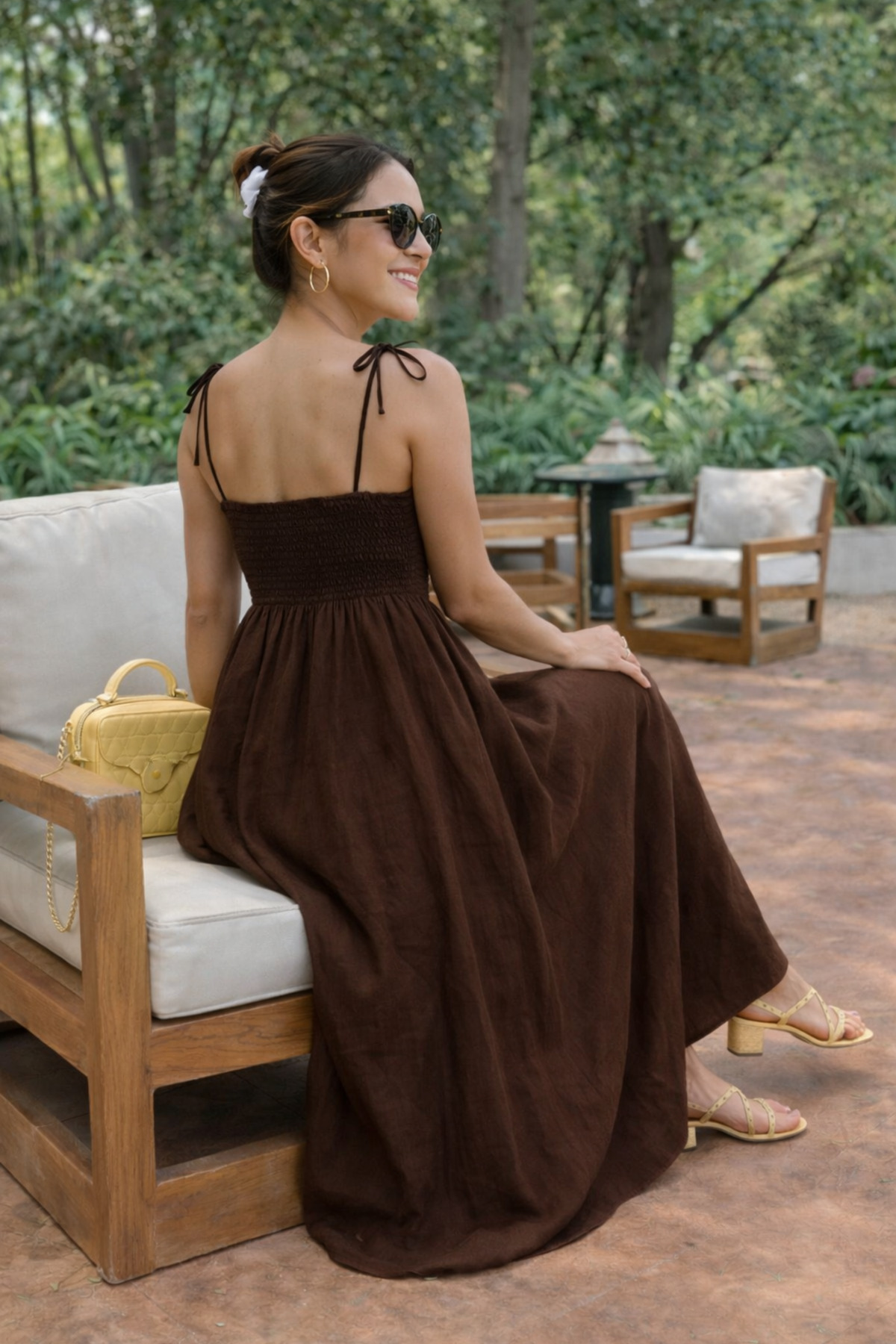 oshebu  Kahve -Pamuklu Uzun Yazlık Kadın Elbise - Omuzdan Bağlamalı Askılı Büzgülü Astarsız - Görsel 4