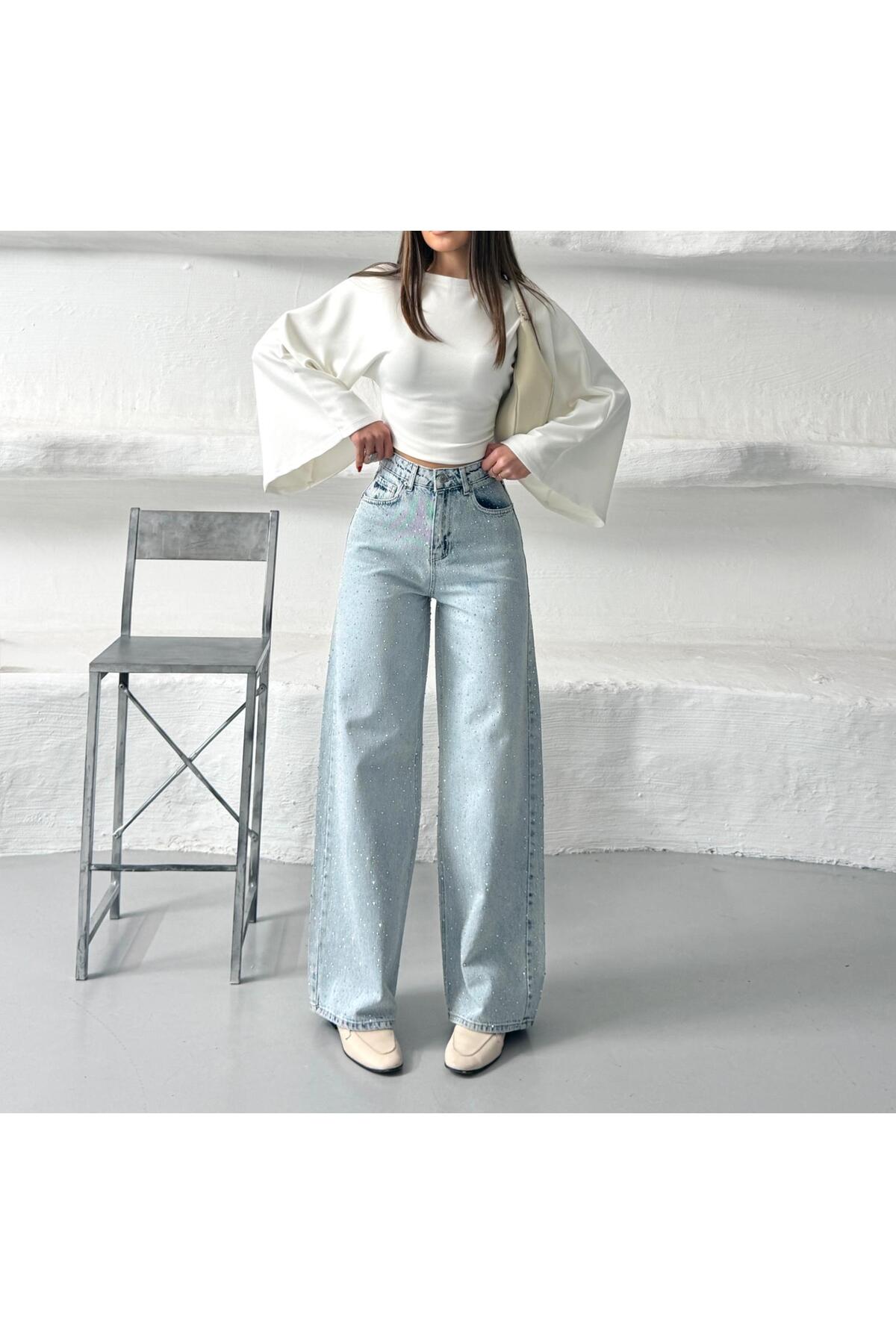 Vooz  Kadın Taşlı Baggy Jean Yüksek Bel Bol Paça Pantolon Açık Mavi Ön Arka Taşlı - Görsel 4