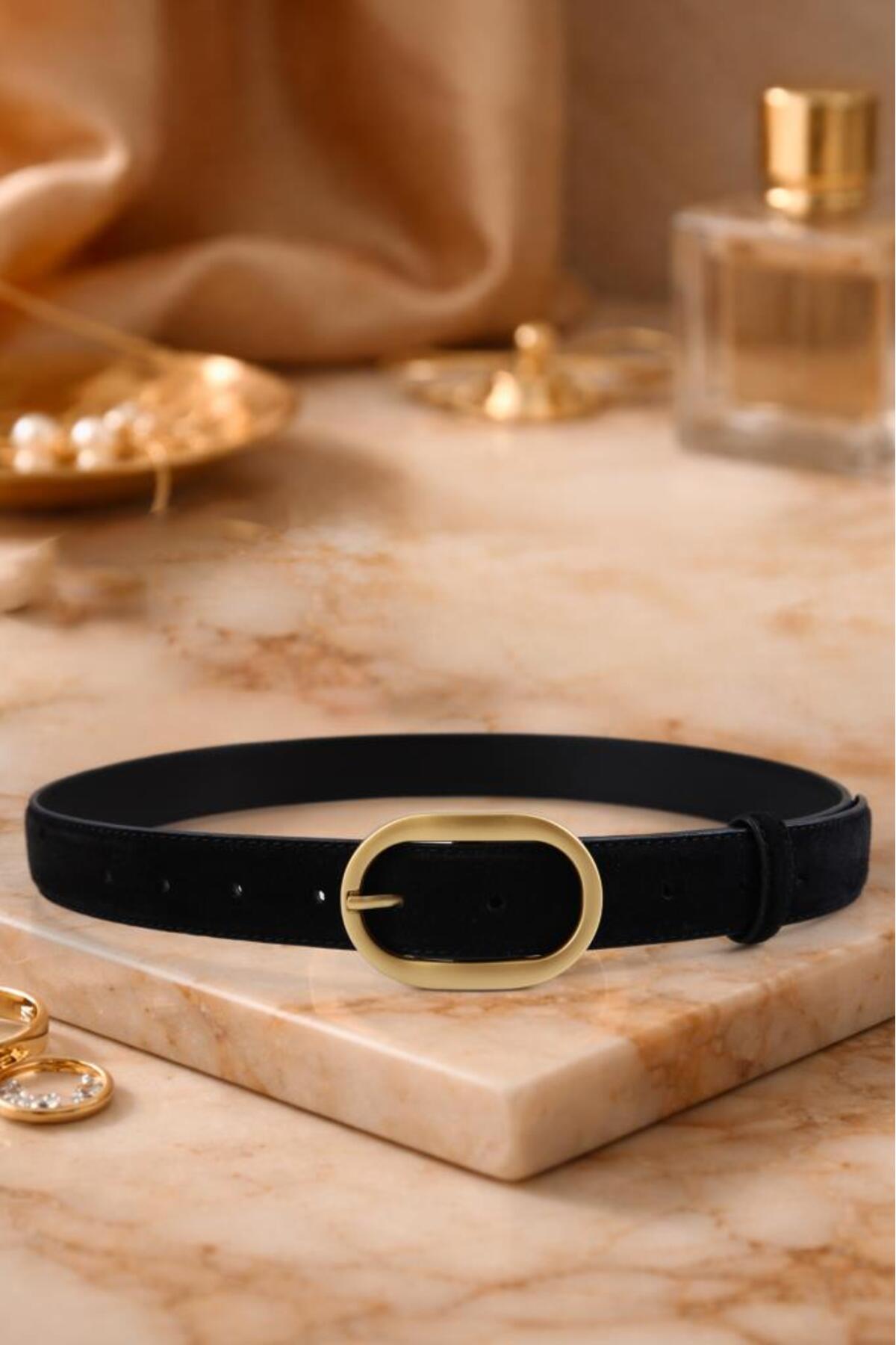 Mira Genuine Suede Leather Gold Buckle Black Women's Belt