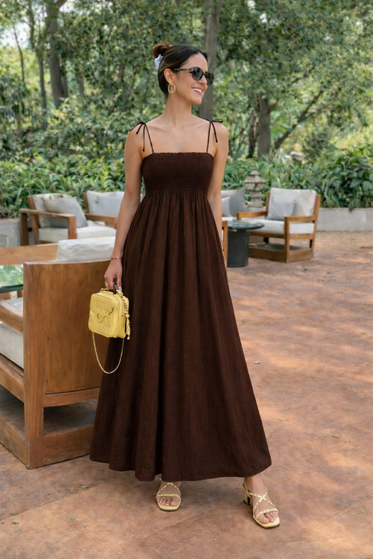 oshebu  Kahve -Pamuklu Uzun Yazlık Kadın Elbise - Omuzdan Bağlamalı Askılı Büzgülü Astarsız - Görsel 3