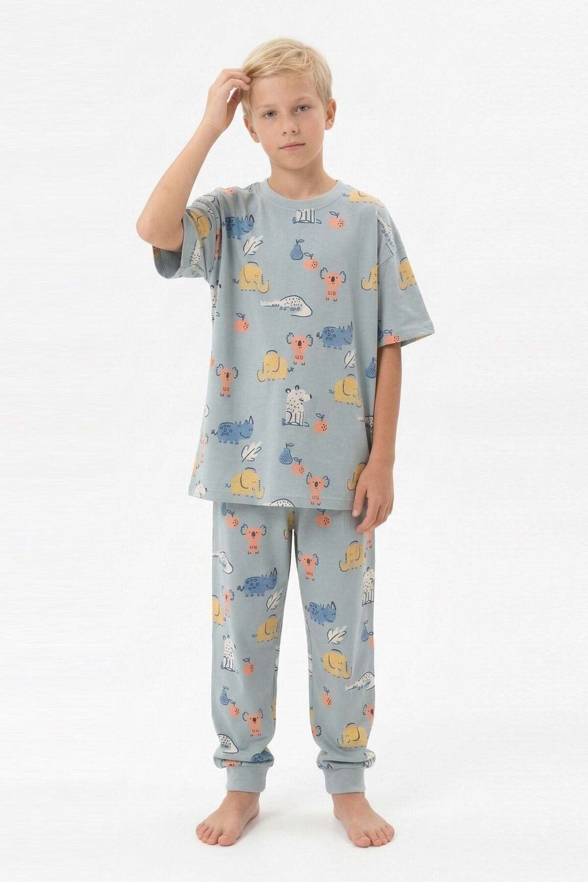 bunny hopp Erkek Çocuk %100 Pamuk Süprem Pijama Takımı - Kısa Kollu Manşetli Yazlık Pijama - Gri Hayvan Desenli fotoğrafı 4 (önizleme)