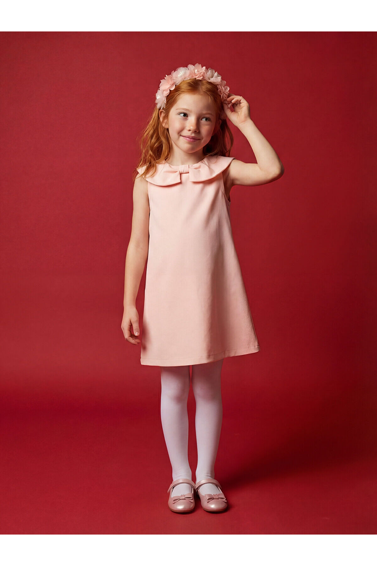 LC Waikiki Girl's Gabardine Dress with Bow Collar Detail