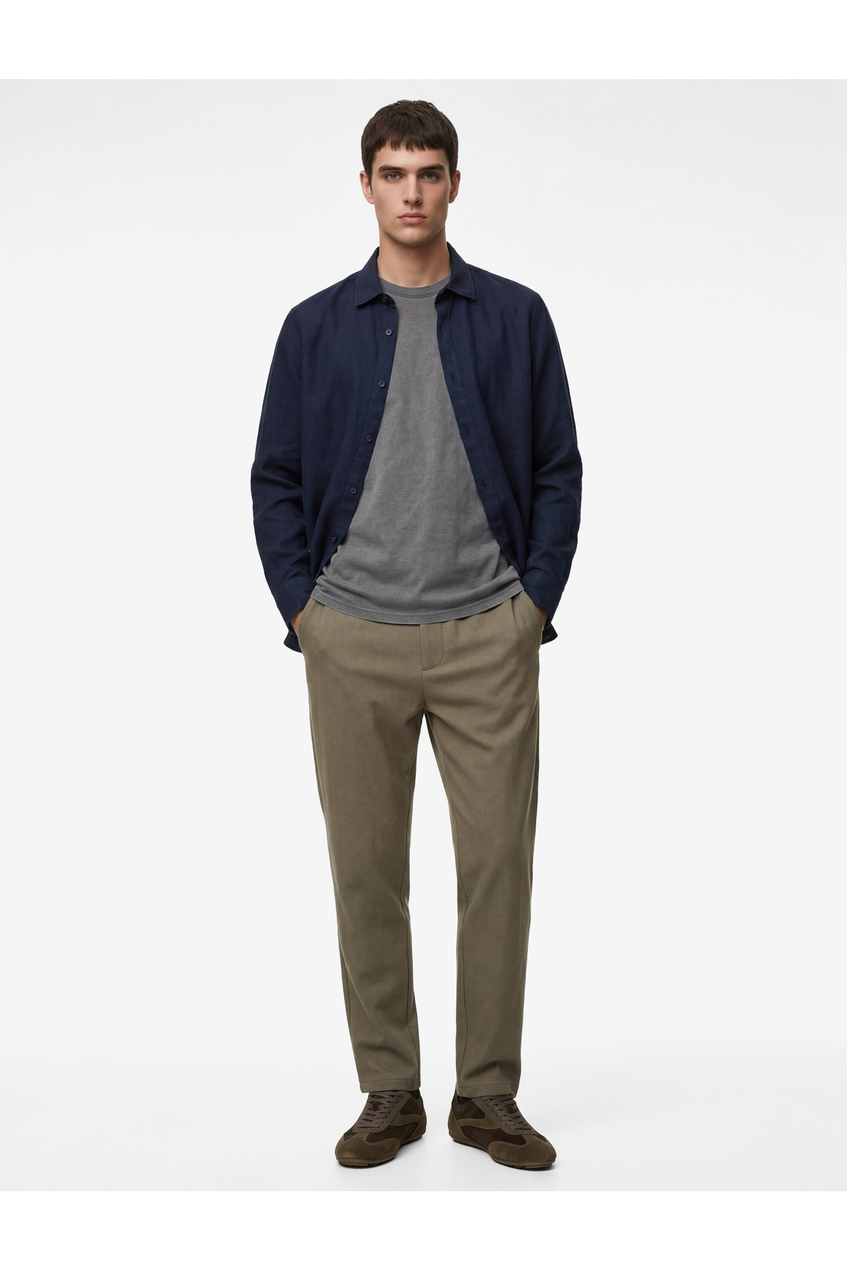 Regular Fit Beli Lastikli Düğmeli Cepli Duble Paça Pantolon — خاکی 6SAM40017HK — تصویر 2 از 5