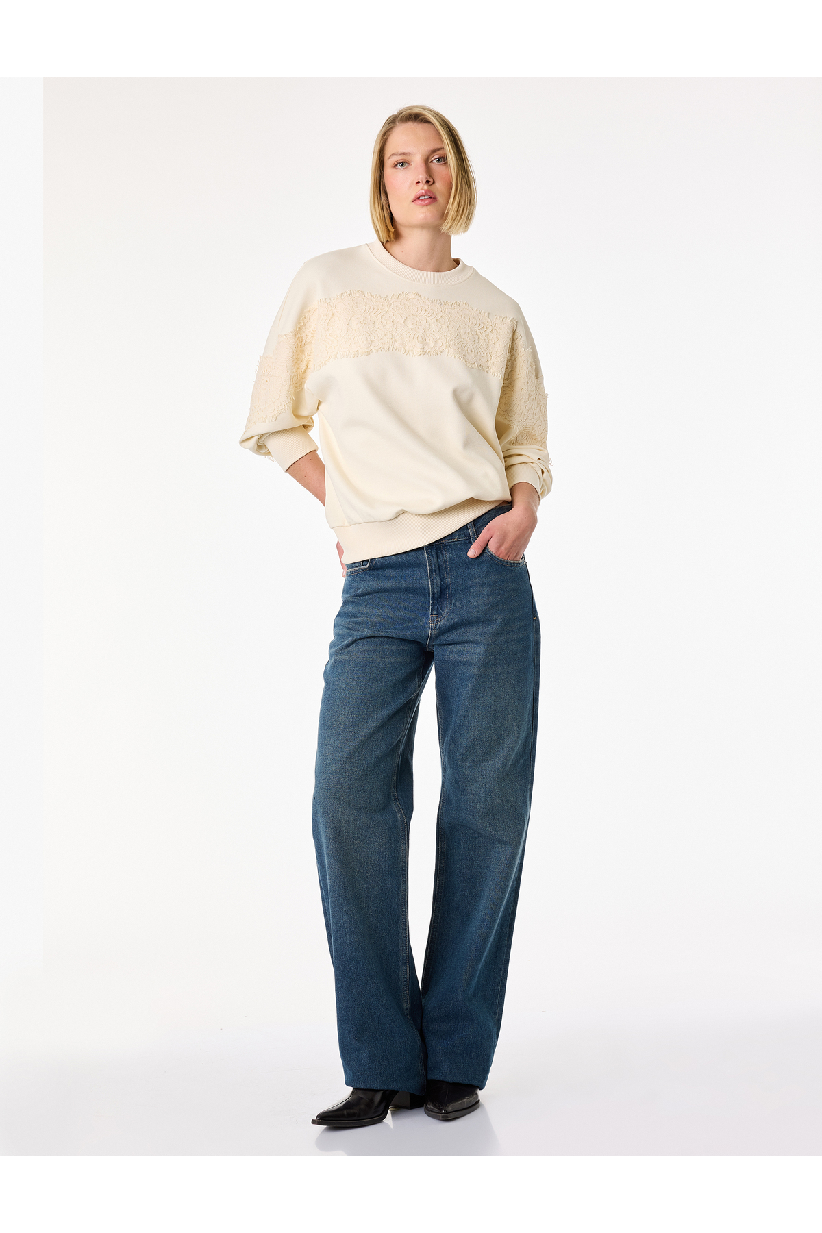 Koton  Uzun Kollu Bisiklet Yaka Dantel Detaylı Sweatshirt - Görsel 2