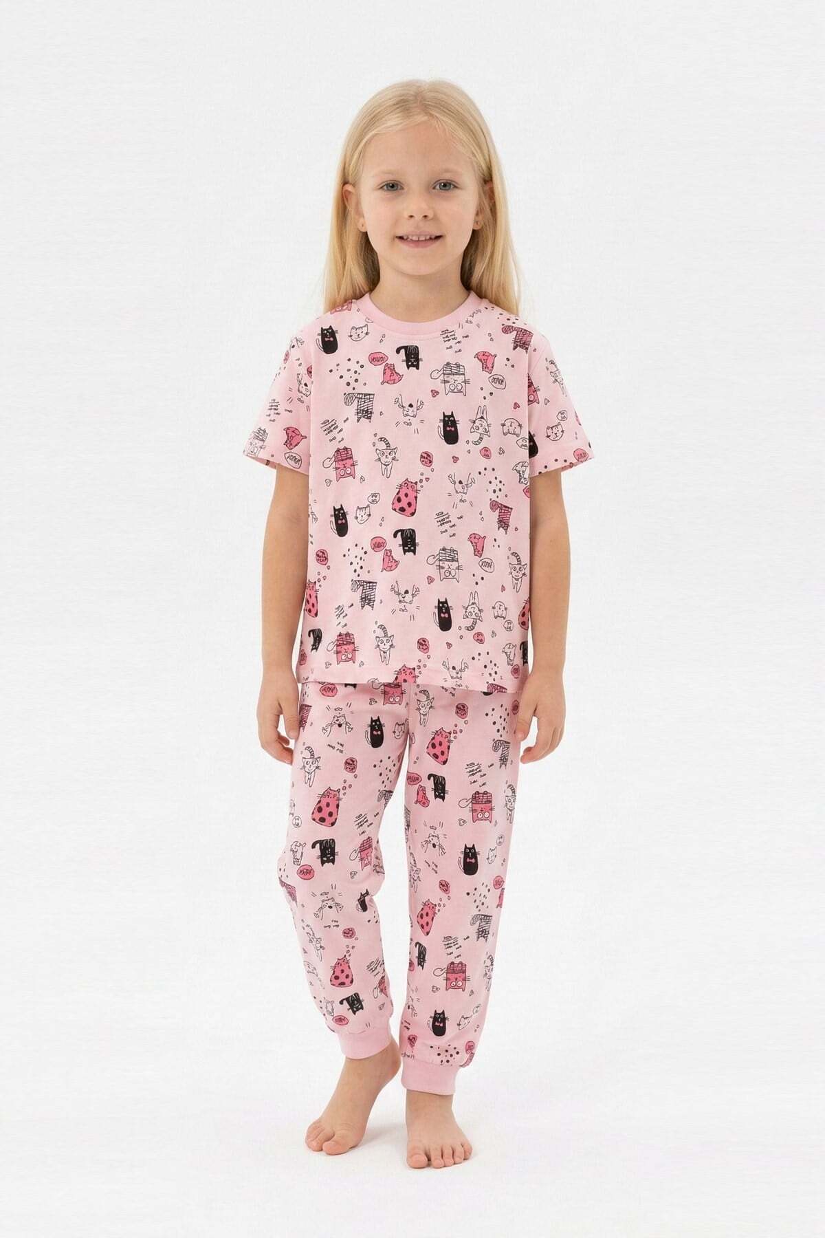 bunny hopp Kız Çocuk %100 Pamuk Süprem Pijama Takımı - Kısa Kollu Manşetli Yazlık Pijama - Pembe Kedi Desenli fotoğrafı 3 (önizleme)