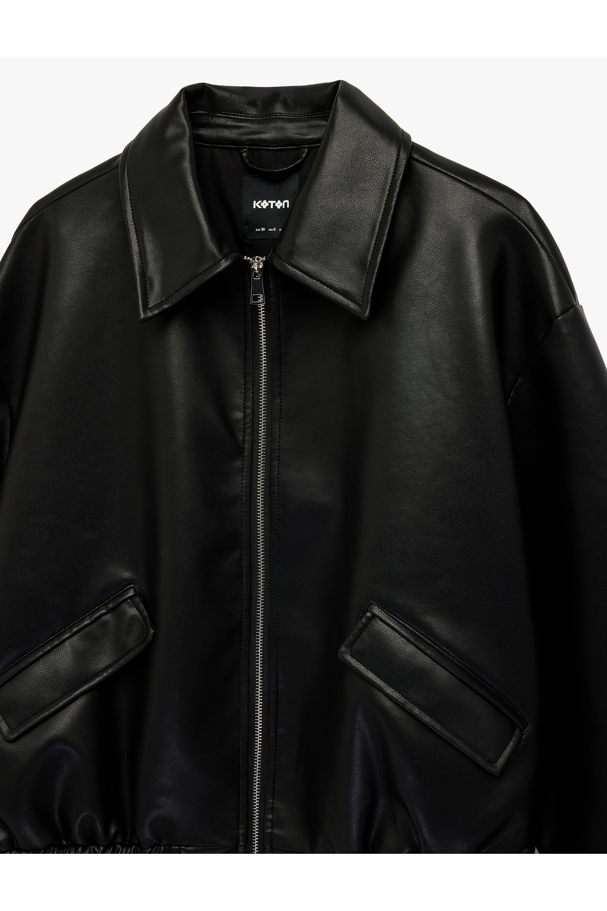 Koton  Uzun Kollu Cepli Fermuarlı Oversize Suni Deri Ceket - Görsel 5