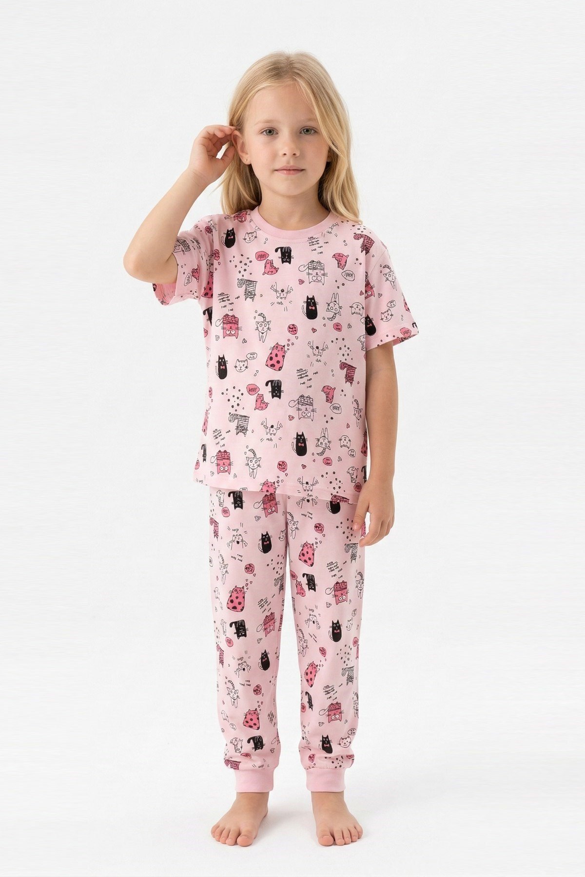 bunny hopp Kız Çocuk %100 Pamuk Süprem Pijama Takımı - Kısa Kollu Manşetli Yazlık Pijama - Pembe Kedi Desenli fotoğrafı 2 (önizleme)