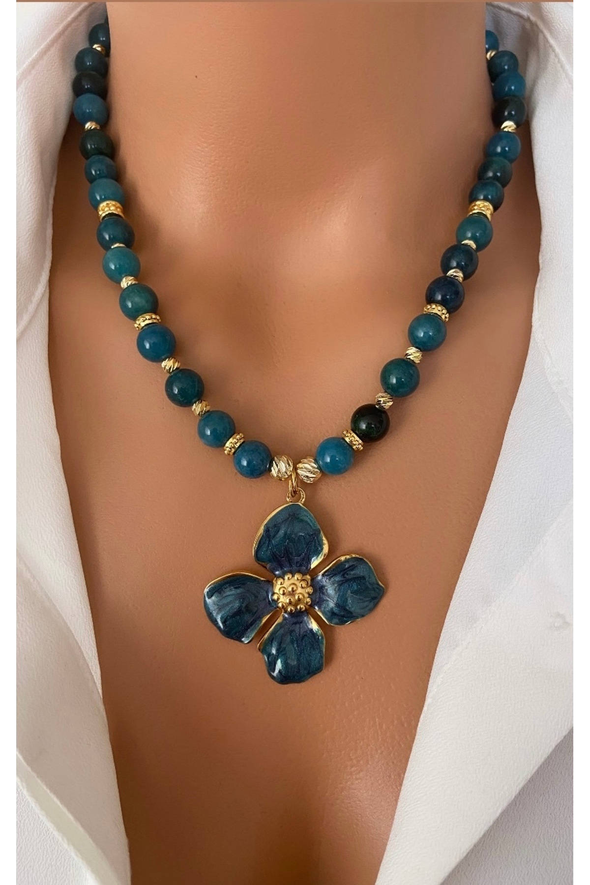 NATURAL STONE Oil BLUE Agate Custom Steel FLOWER Tip Design Necklace