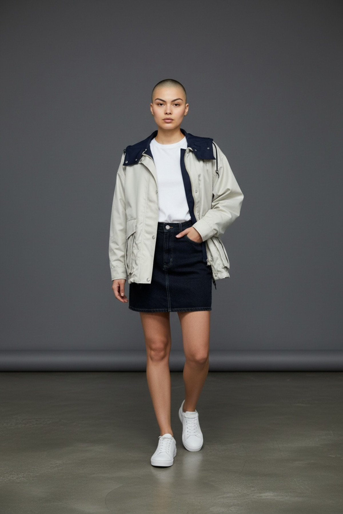 SEMİZ GİYİM  Lacivert-Bej Renk Bloklu Kapüşonlu Yağmurluk - Görsel 3