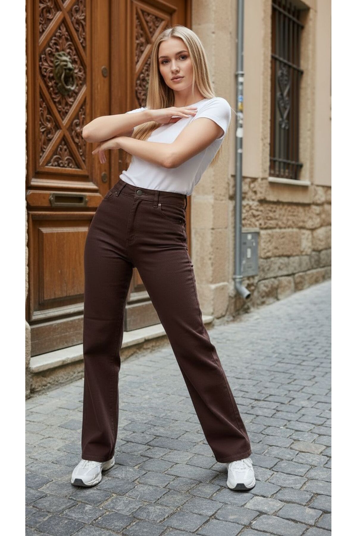 geenz manifacture Kahverengi 90's Likralı Süper Yüksek Bel Wide Leg Salaş Jeans Palazzo Pantolon görsel 3