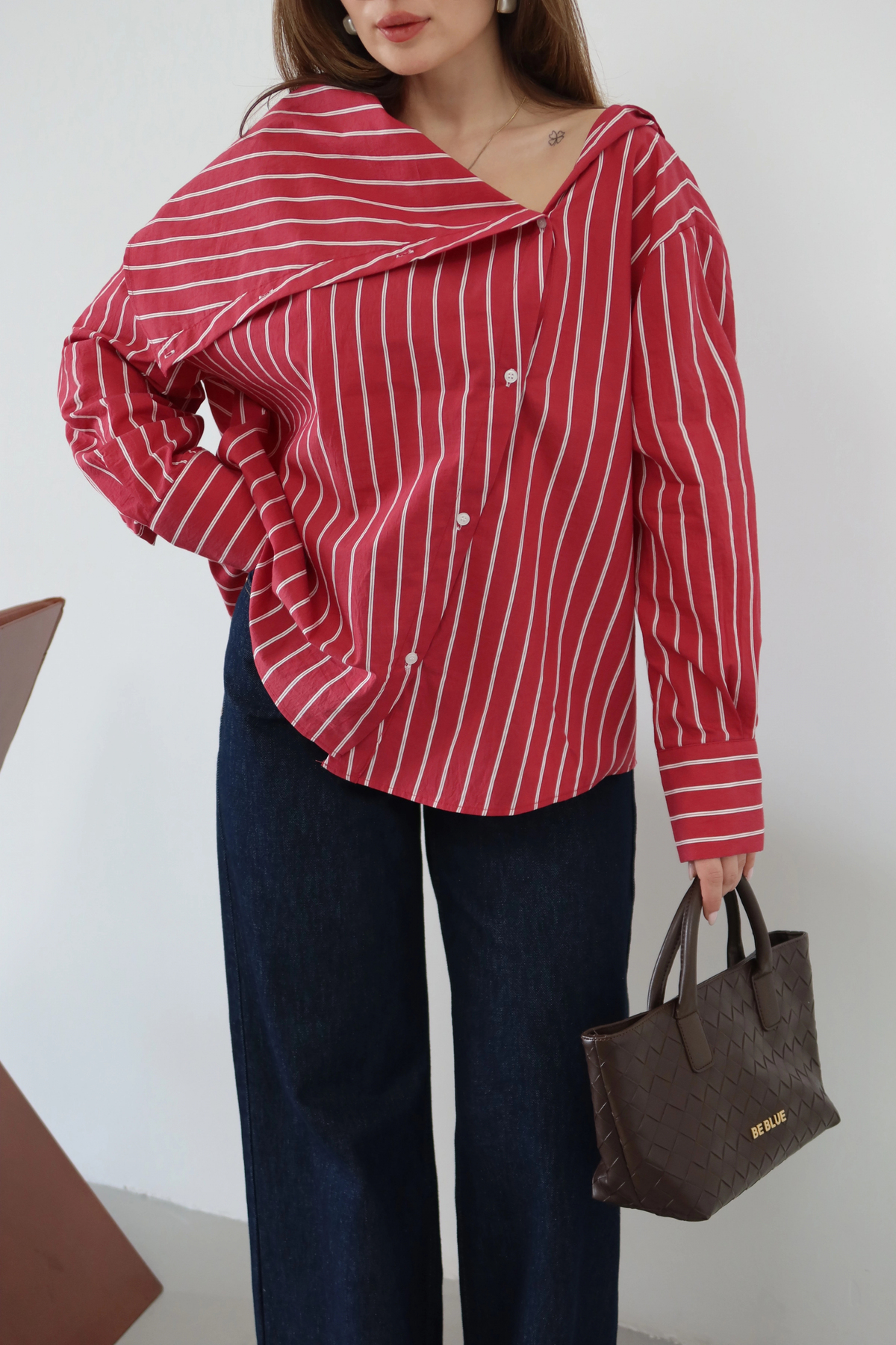roea  Bahriye Yaka Çizgili Gömlek Kırmızı - Görsel 6