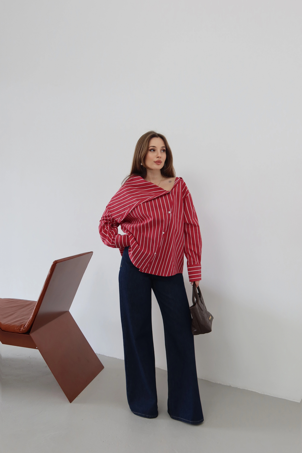 roea  Bahriye Yaka Çizgili Gömlek Kırmızı - Görsel 4