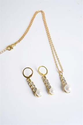 marmara qumasch İnci ve Zirkon Taşlı Gold Renkli Kolye Küpe Seti