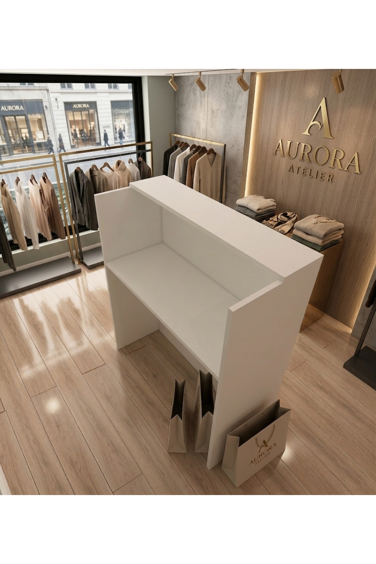 Harmony Pleksi Detaylı 110 cm Karşılama Bankosu Kasa Resepsiyon Masası Ofis Bankosu Beyaz-Gümüş 5