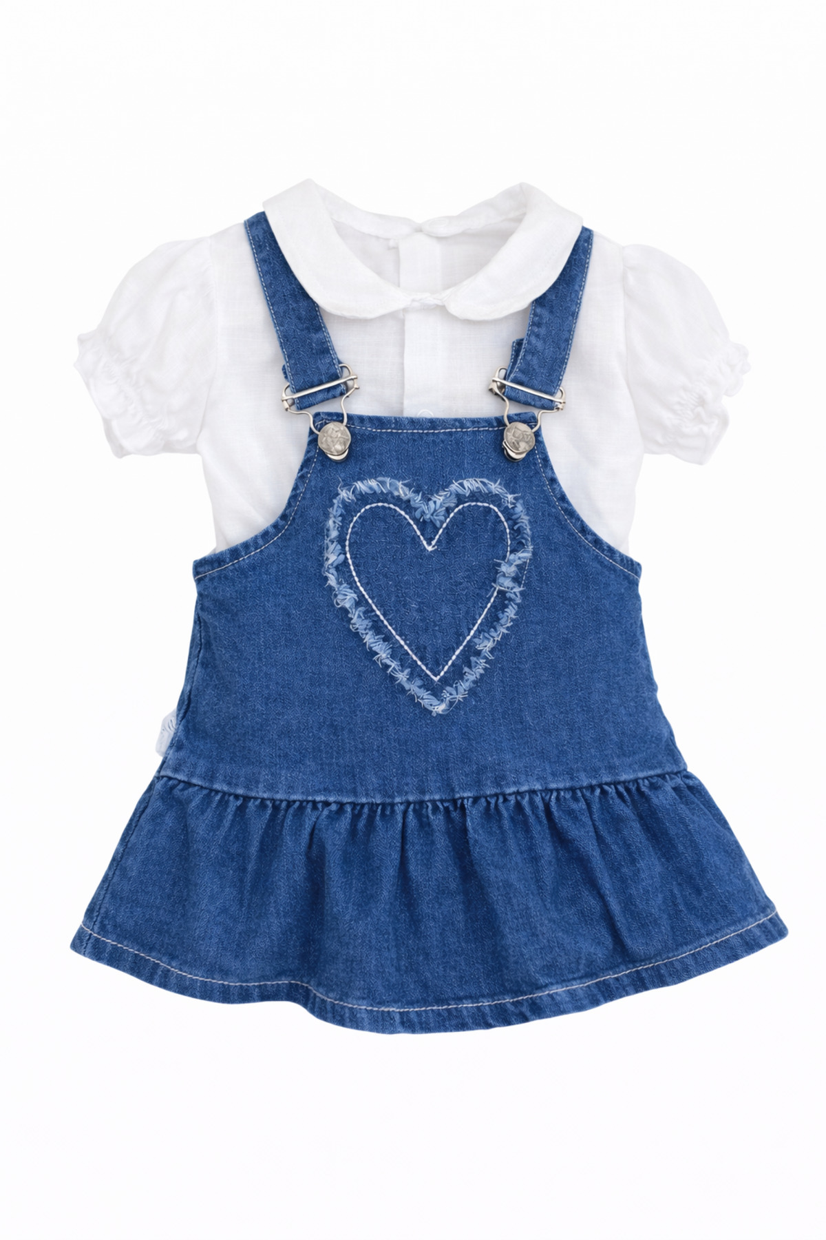 İZYALİF BABY Kız Bebek Denim Jean Elbise 2 Parça Saloped Gömlek Pamuklu Kalpli fotoğrafı 3 (önizleme)