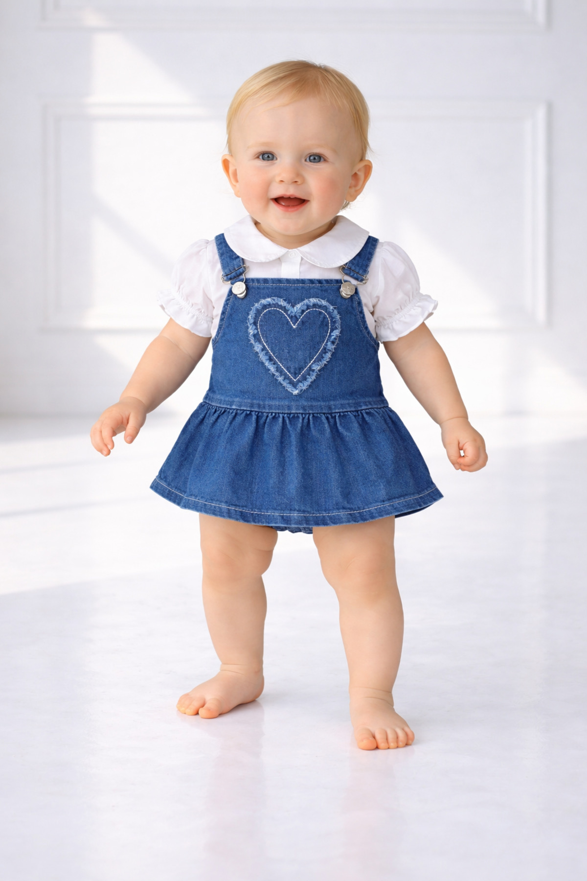 İZYALİF BABY Kız Bebek Denim Jean Elbise 2 Parça Saloped Gömlek Pamuklu Kalpli fotoğrafı 2 (önizleme)