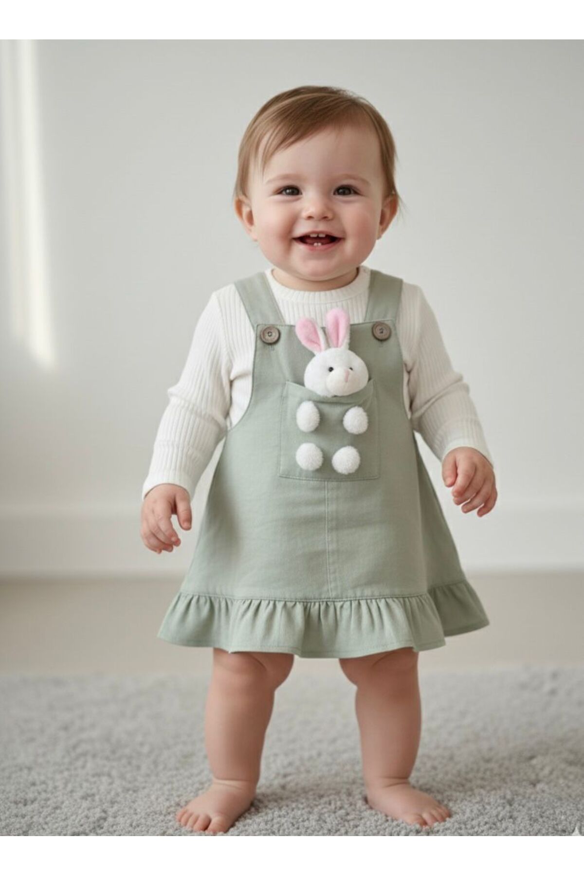 Egelite Kız Bebek Tavşancık Aksesuarlı, Keten Salopet Elbise ve Badili, 2 li, Şık Bayramlık Takım 9-12-18 ay fotoğrafı 2 (önizleme)