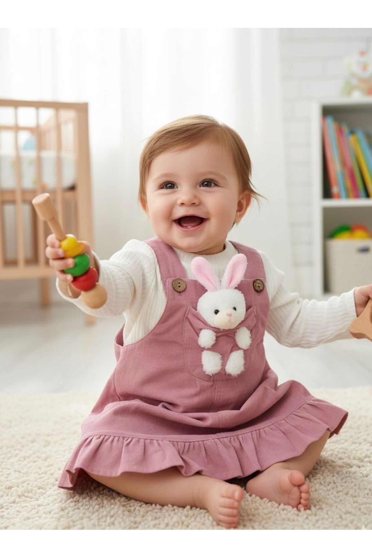 Egelite Kız Bebek Tavşancık Aksesuarlı, Keten Salopet Elbise ve Badili, 2 li, Şık Bayramlık Takım 9-12-18 ay fotoğrafı 3 (önizleme)