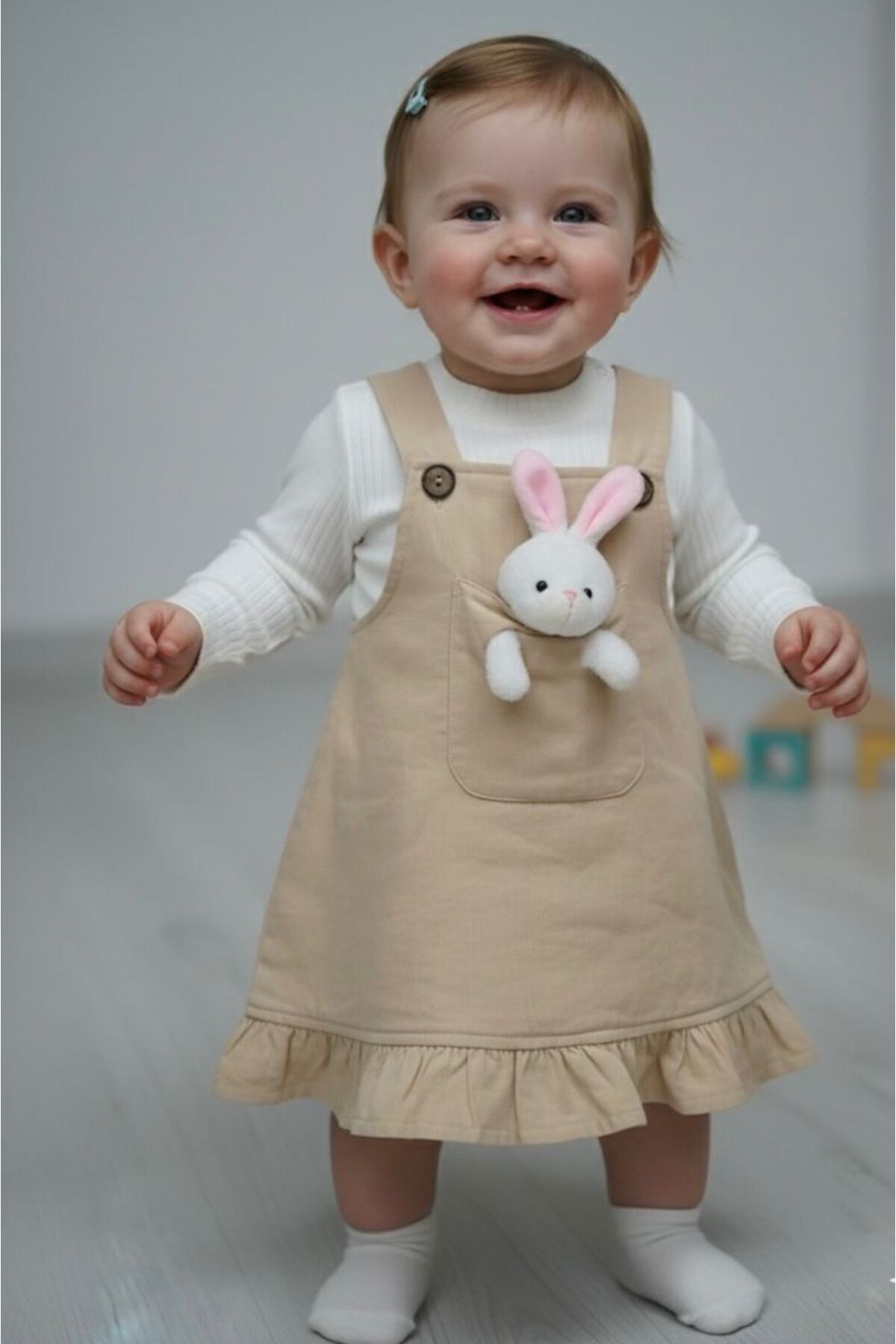 Egelite Kız Bebek Tavşancık Aksesuarlı, Keten Salopet Elbise ve Badili, 2 li, Şık Bayramlık Takım 9-12-18 ay fotoğrafı 6 (önizleme)