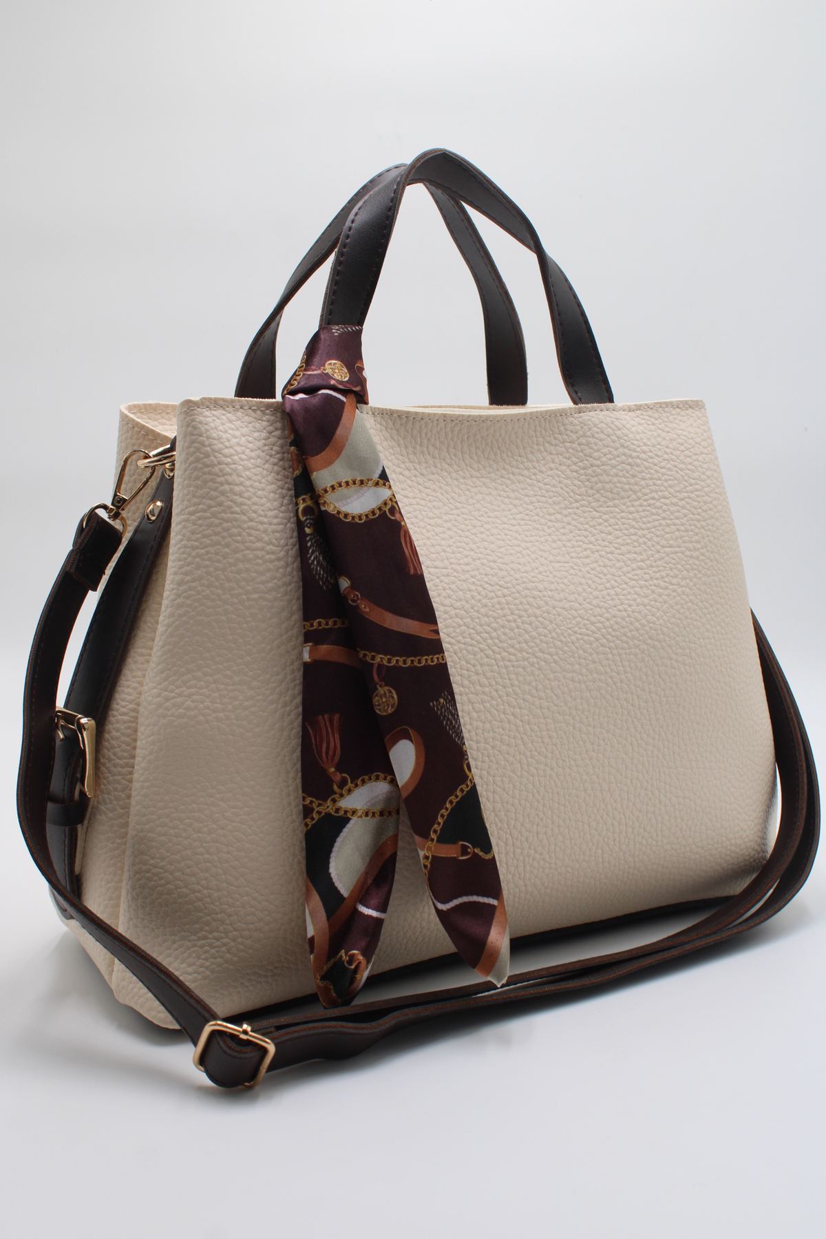Women's Cream Brown Oversized Bag – Double Handle, Scarf Detailed Stylish Design
