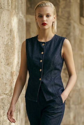 cemo Kadın Kahverengi Düğme Detaylı Kolsuz Yelek