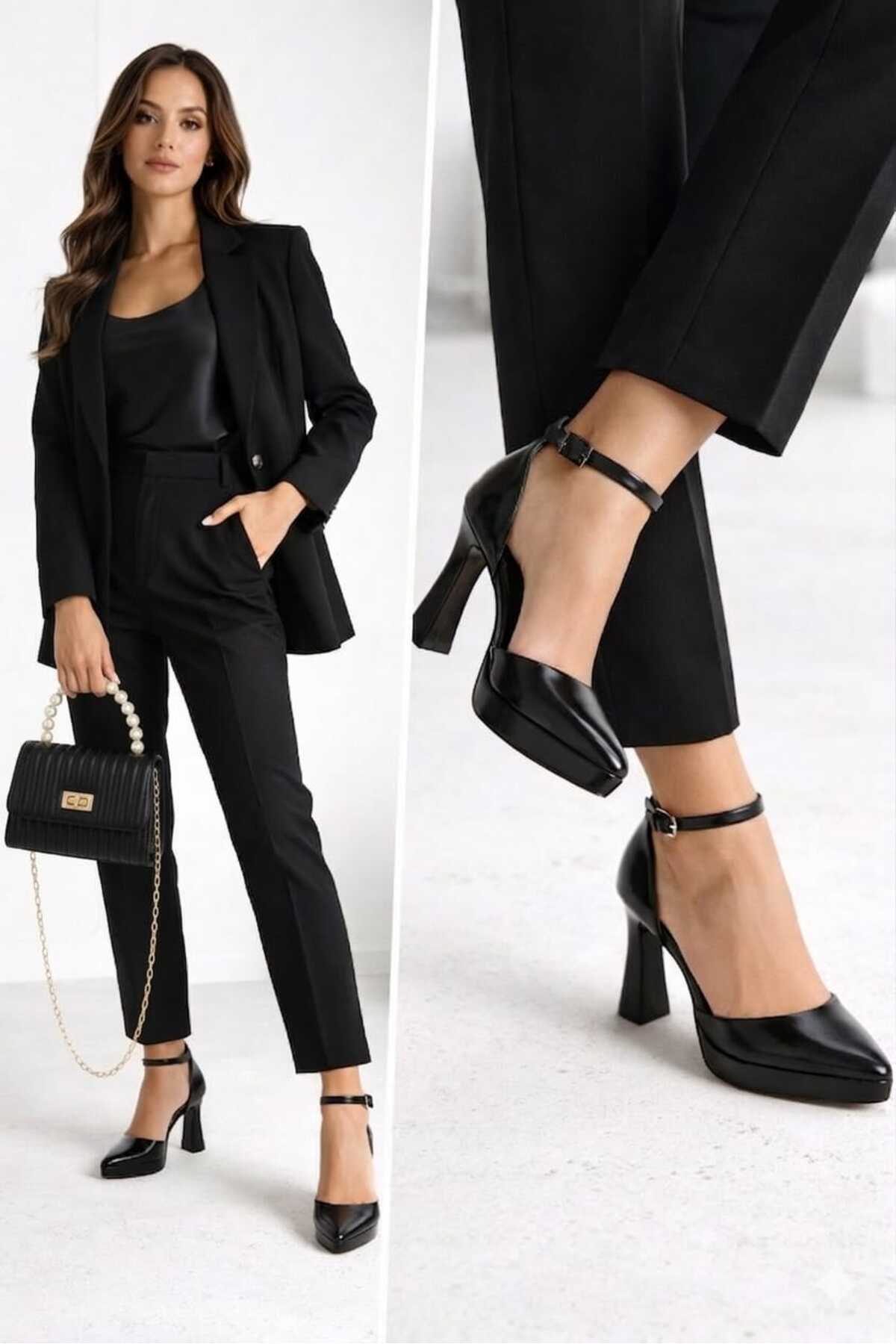 Women's Black Platform Heeled Evening Shoes and Bags Combination
