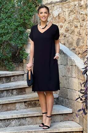 Nevin Kaya Moda Siyah V Yaka Basic %100 Pamuk Viskon Elbise