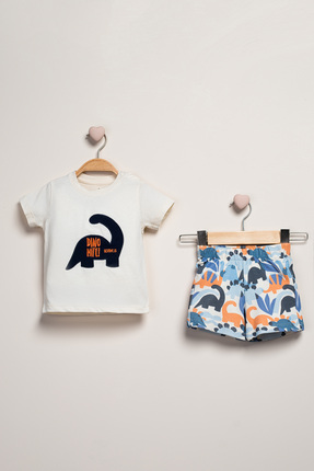 Baby Fou Erkek Bebek Dinozor Nakışlı Beyaz Tişört Şort 2'li Takım