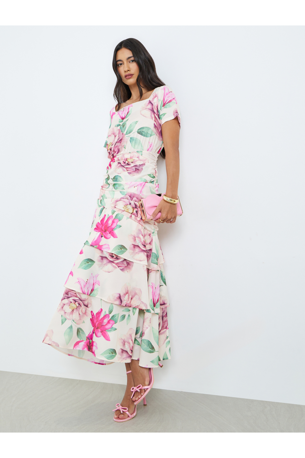 Styli Floral Short Sleeves Tiered Maxi Dress